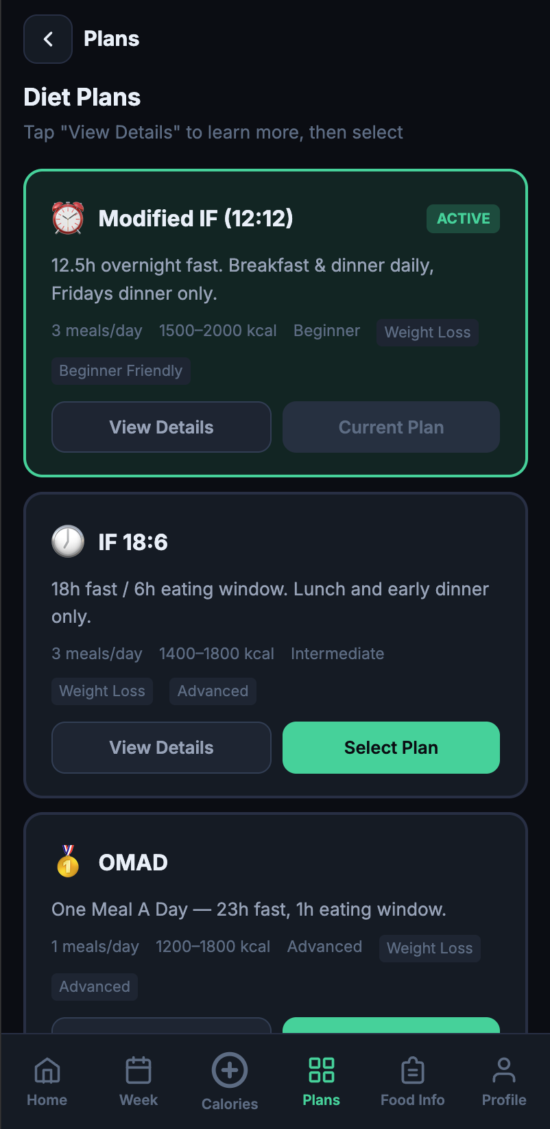WellMate diet plans screen